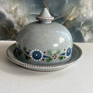 Vintage Stoneware Art Studio Pottery Cheese Dish Hand Painted Flowers Signed